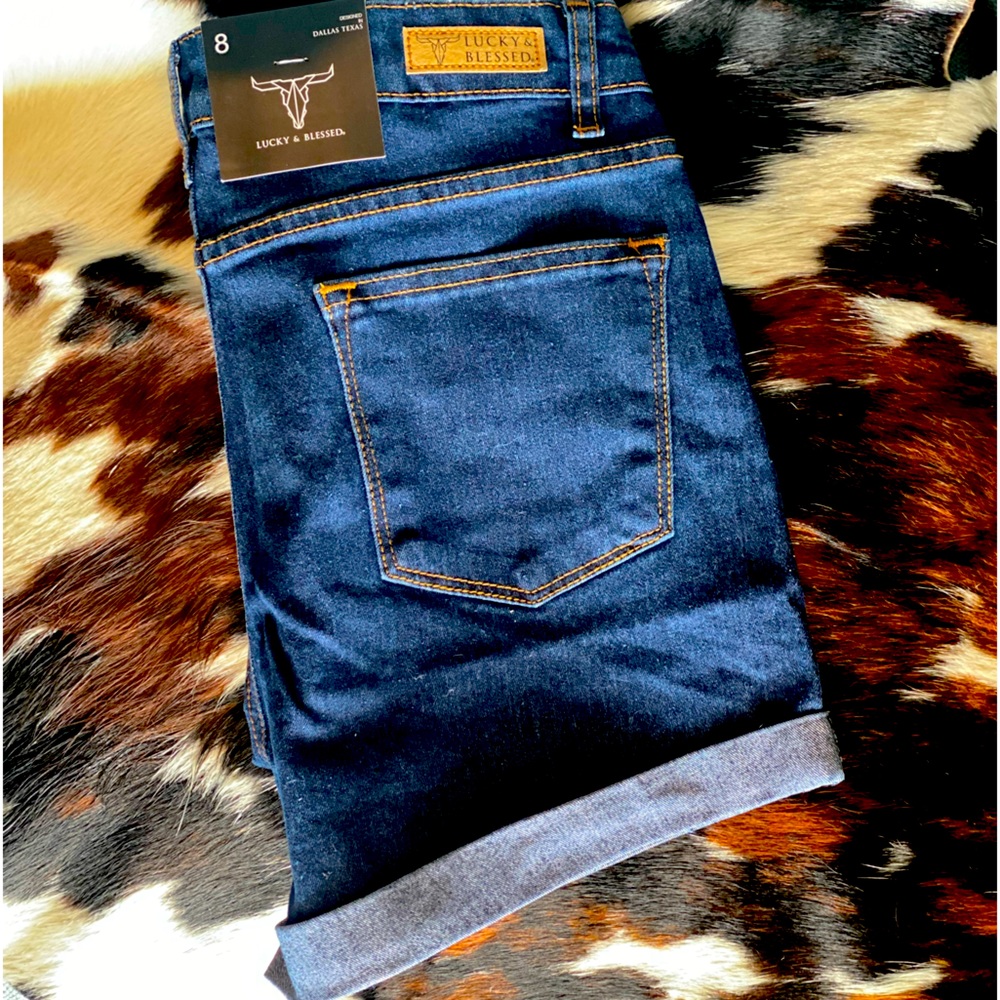 Lucky & Blessed Dark Wash Shorts